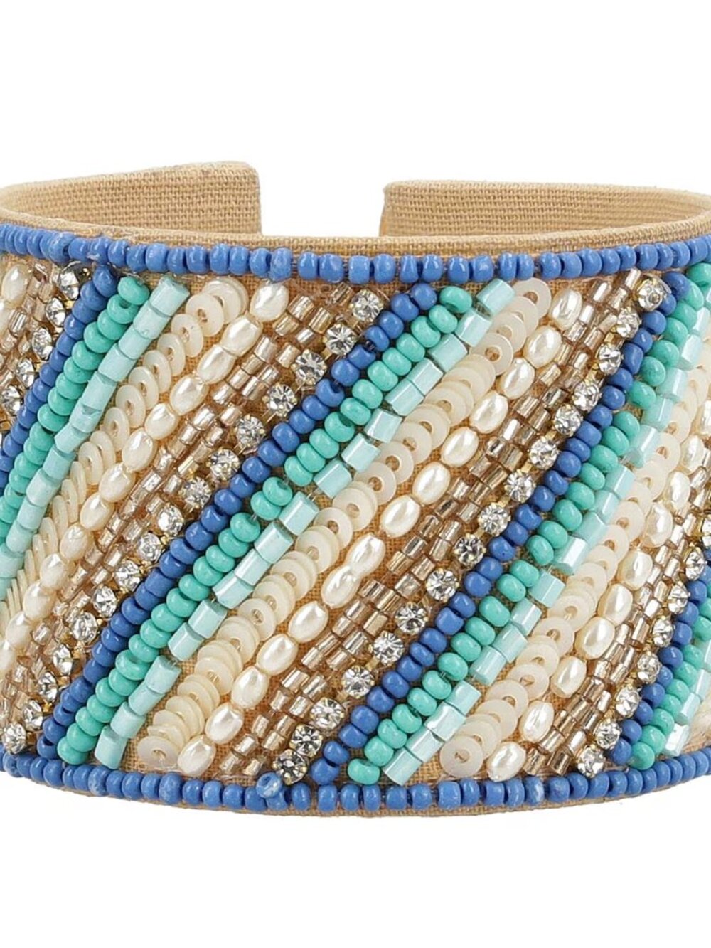 Turquoise Glass Seed Beaded Linear Pattern Cuff Bracelet in Goldtone - NEW
